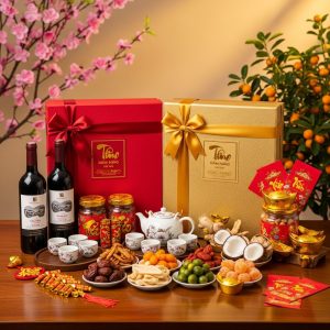 Bộ quà Tết doanh nghiệp cao cấp với rượu vang, trà, mứt trên bàn gỗ