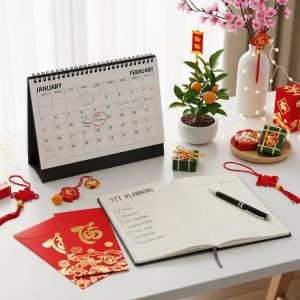 Bàn làm việc với lịch kế hoạch đặt quà Tết